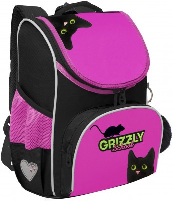 Рюкзак школьный GRIZZLY с мешком RAm-584-1/1 черный - фуксия