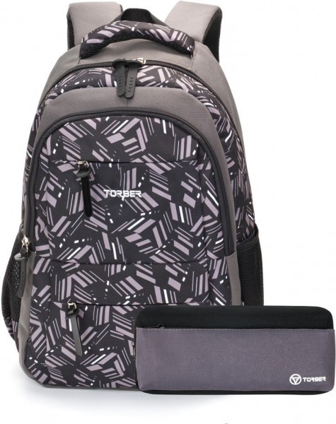 Рюкзак TORBER CLASS X, серый с орнаментом, полиэстер, 45 x 30 x 18 см + Пенал в подарок!