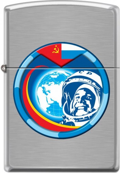 Зажигалка ZIPPO Гагарин с покрытием Brushed Chrome, латунь/сталь, серебристая, матовая, 38x13x57 мм