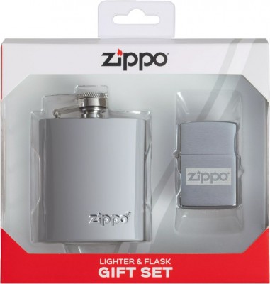 Подарочный набор ZIPPO: фляжка 89 мл и зажигалка, латунь/сталь, серебристый, в коробке с подвесом