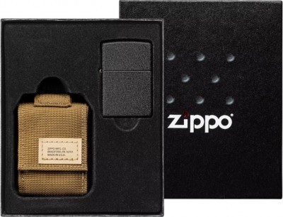 Набор ZIPPO: чёрная зажигалка Black Crackle® и коричневый нейлоновый чехол, в подарочной коробке, без топлива