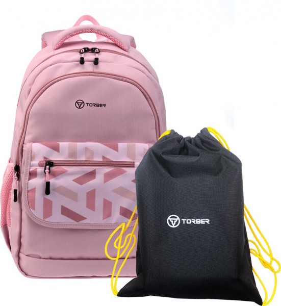 Рюкзак TORBER CLASS X, розовый с орнаментом, c мешком для сменной обуви, T2743-22-PNK-M