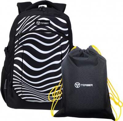 Рюкзак TORBER CLASS X, черный с принтом "Зебра", c мешком для сменной обуви, T9355-22-ZEB-M